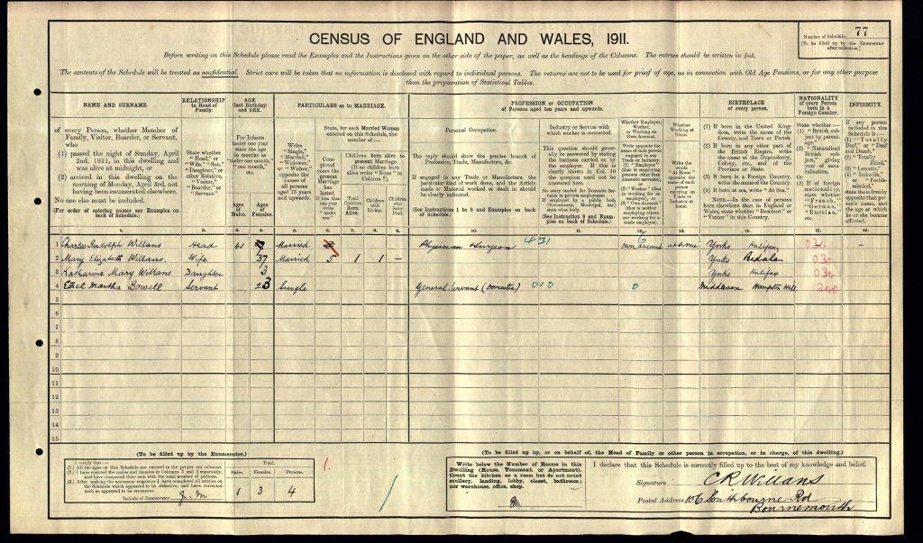 1911 England Census For Mary Elizabeth Williams (nee Pease) 