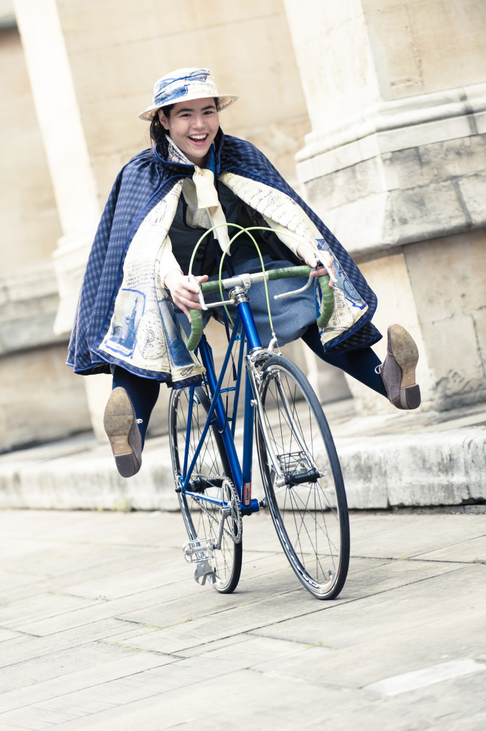 Cycling in the Pease sisters skirt/cape
